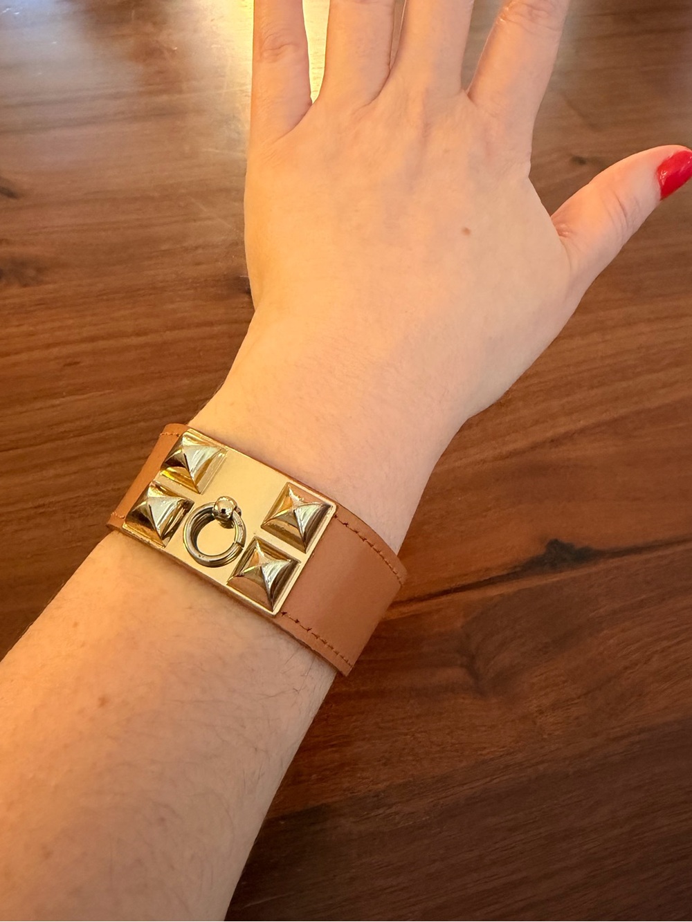 Genuine Leather Vintage Studded Cuff Bracelet in Tan with Gold Hardware